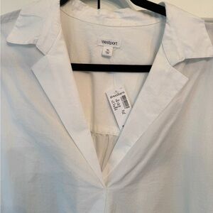 NWT WESTPORT CRISP WHITE V NECK COLLAR POPLIN BLOUSE BOWS ON THE CUFF
